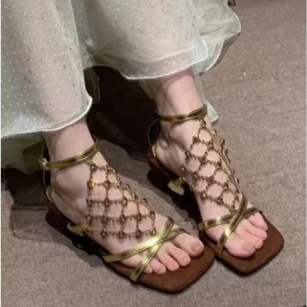 Mesh Strap Metal - Eleganckie damskie letnie sandały rzymianki na